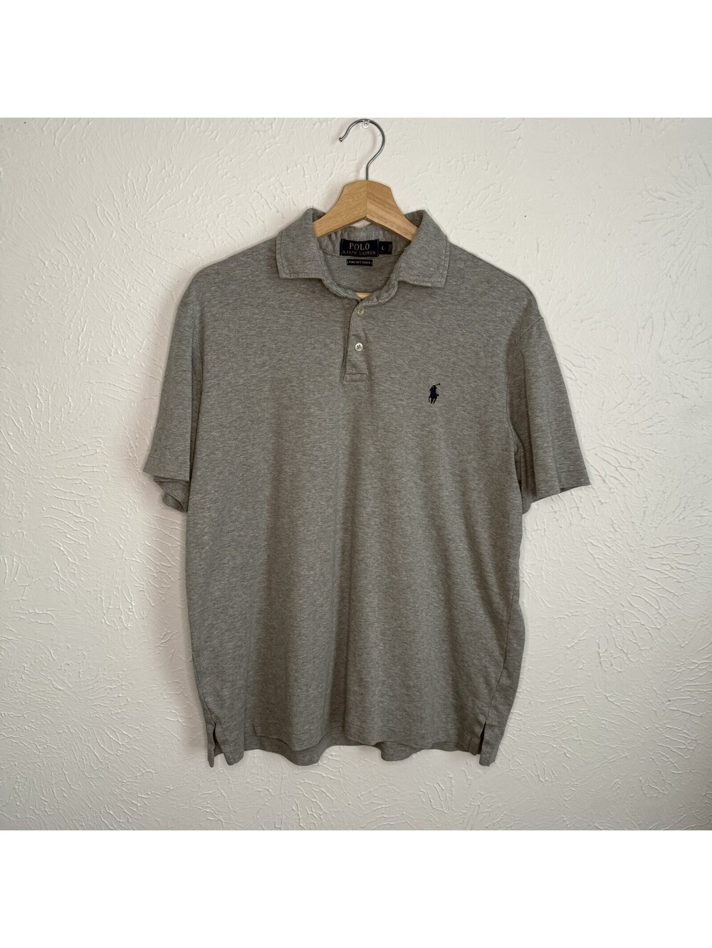 Vintage Polo Ralph Lauren Heather Grey Navy Pony Polo Short Sleeve Pima Soft L